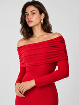 Halbtransparentes schulterfreies Mesh-Maxikleid mit langen Ärmeln – Rot, Ansicht 6
