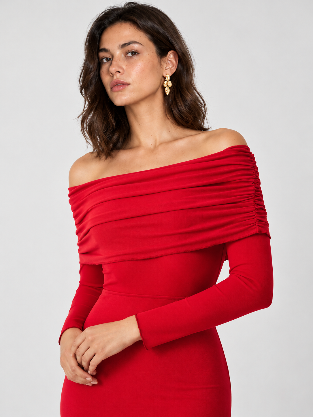 Halbtransparentes schulterfreies Mesh-Maxikleid mit langen Ärmeln – Rot, Ansicht 6