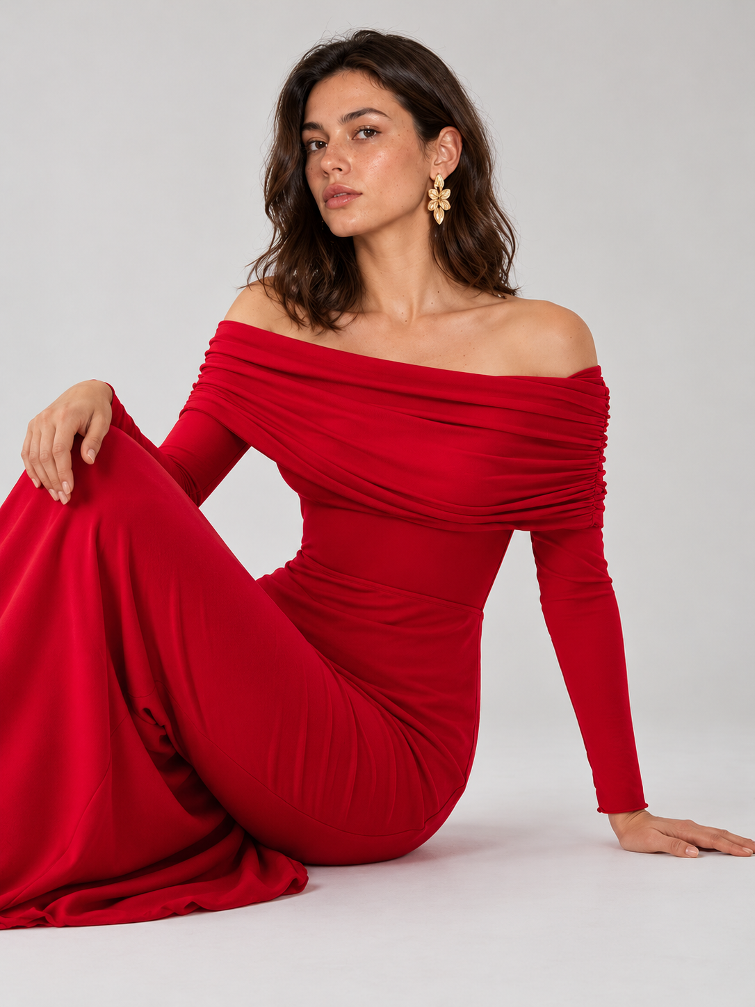 Halbtransparentes schulterfreies Mesh-Maxikleid mit langen Ärmeln – Rot, Ansicht 7