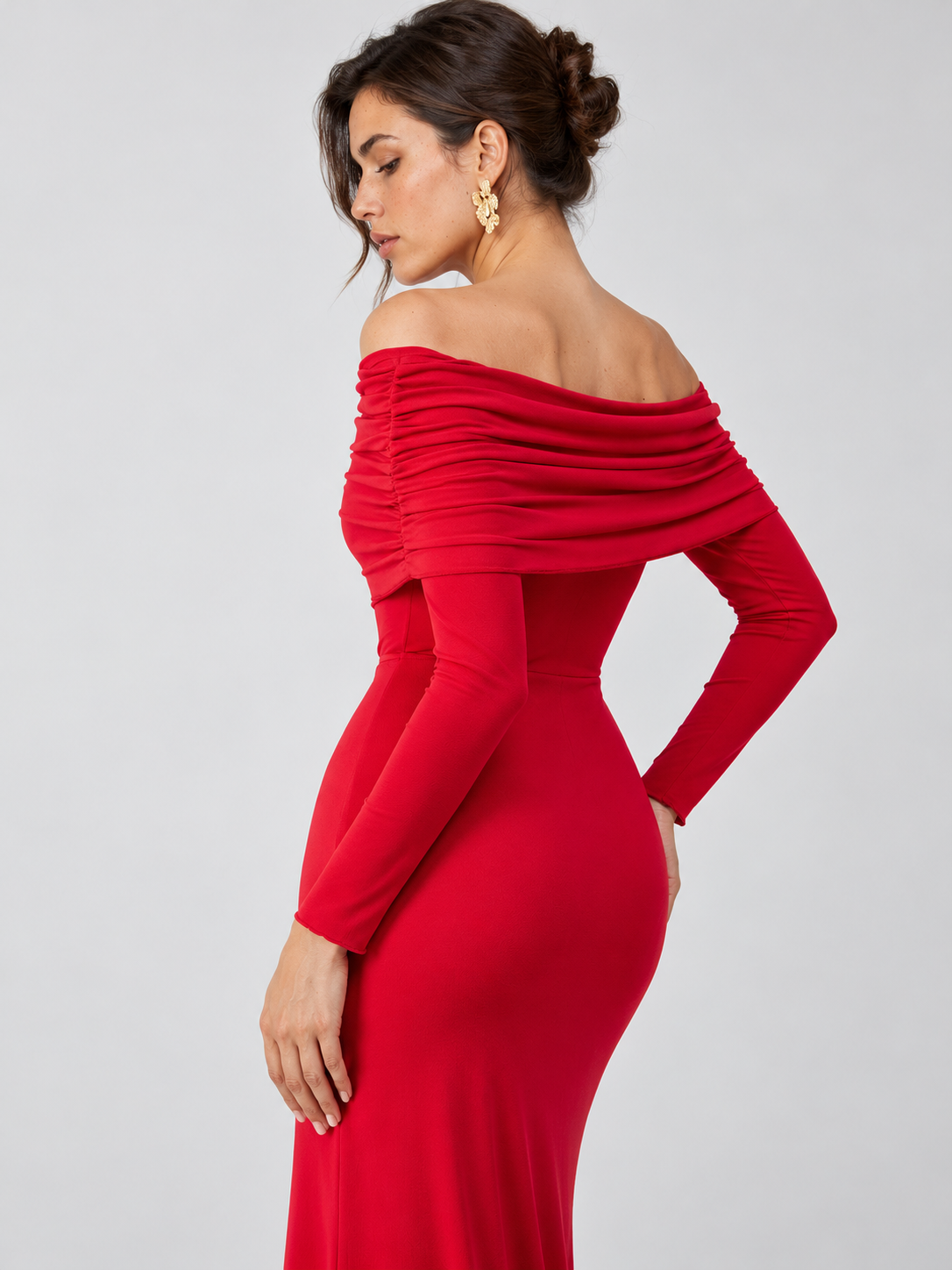 Halbtransparentes schulterfreies Mesh-Maxikleid mit langen Ärmeln – Rot, Ansicht 8
