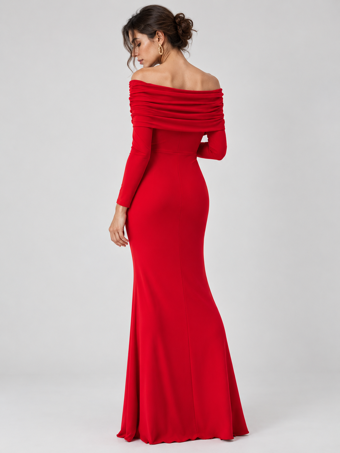Halbtransparentes schulterfreies Mesh-Maxikleid mit langen Ärmeln – Rot, Ansicht 9