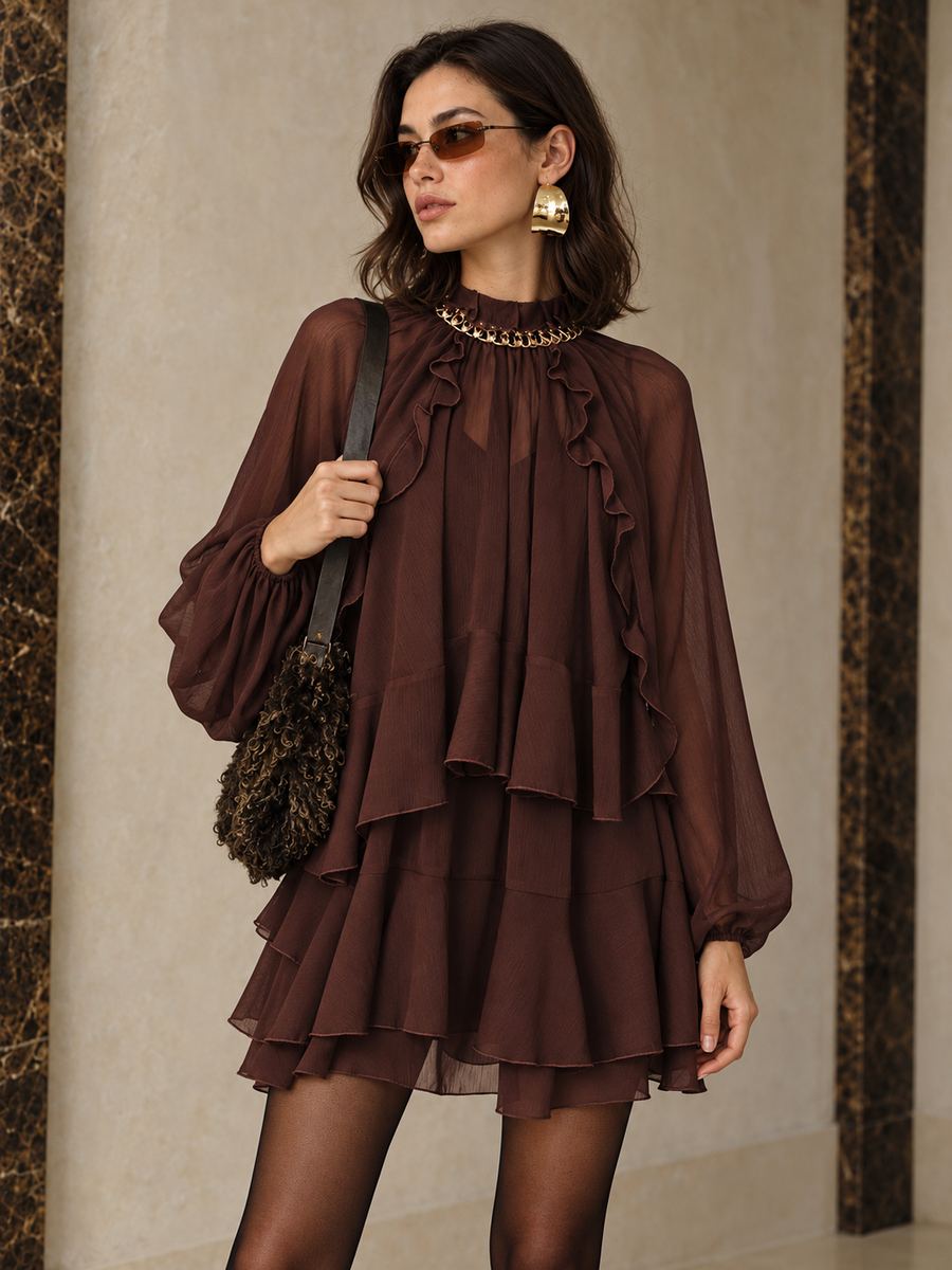 Chiffon-Minikleid mit Volantstufen und Unterkleid – Bordeaux