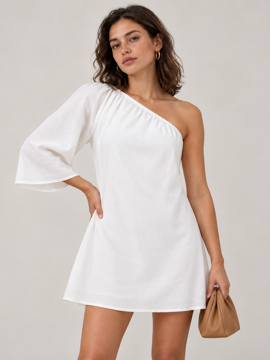 Einschultriges Minikleid aus Baumwolle und Leinen – Weiß