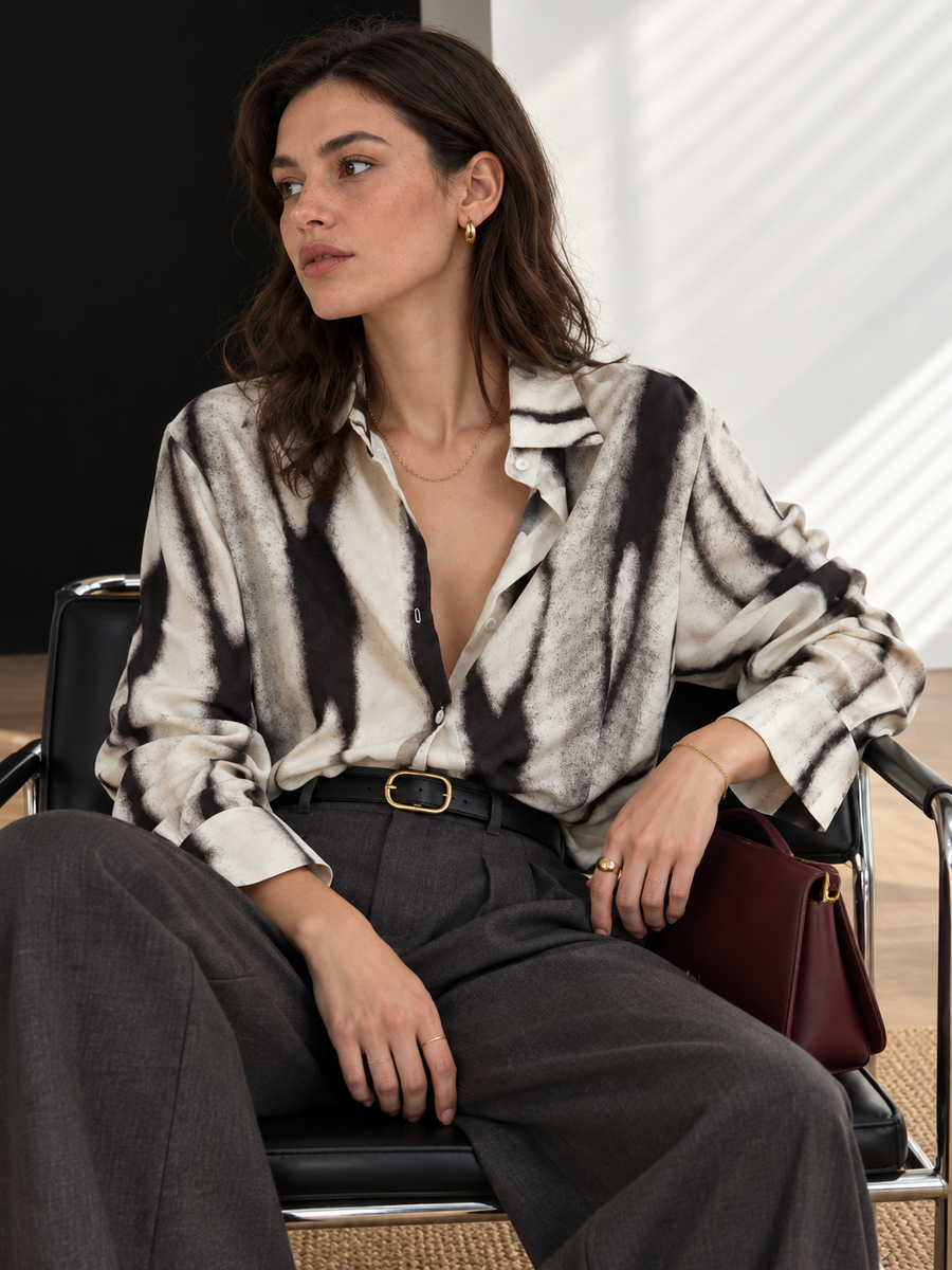 Oversized-Hemd mit Batikprint und Knopfleiste – Schwarz