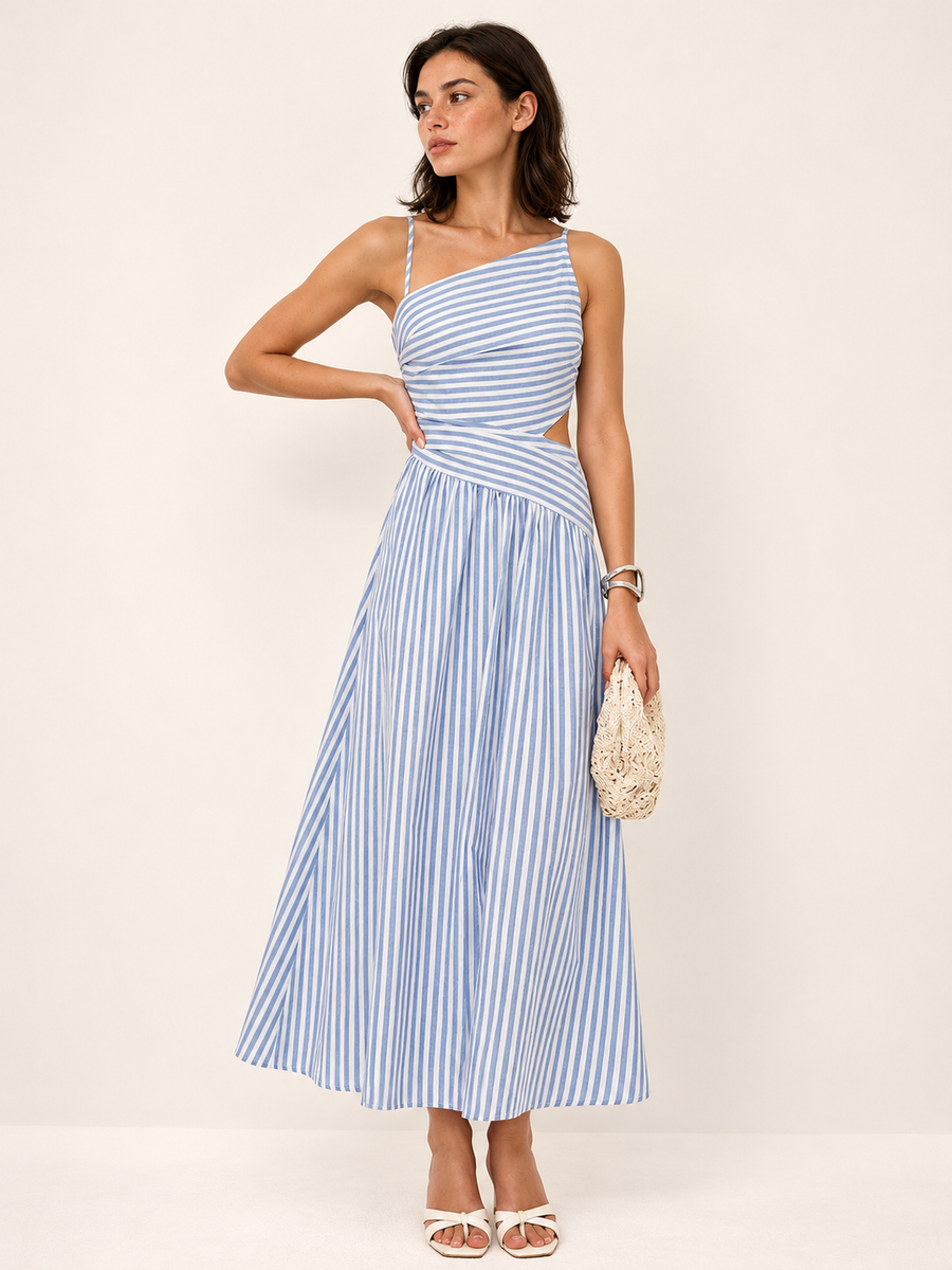 Asymmetrisches gestreiftes Träger-Maxikleid mit Cut-outs – Blau-Weiß
