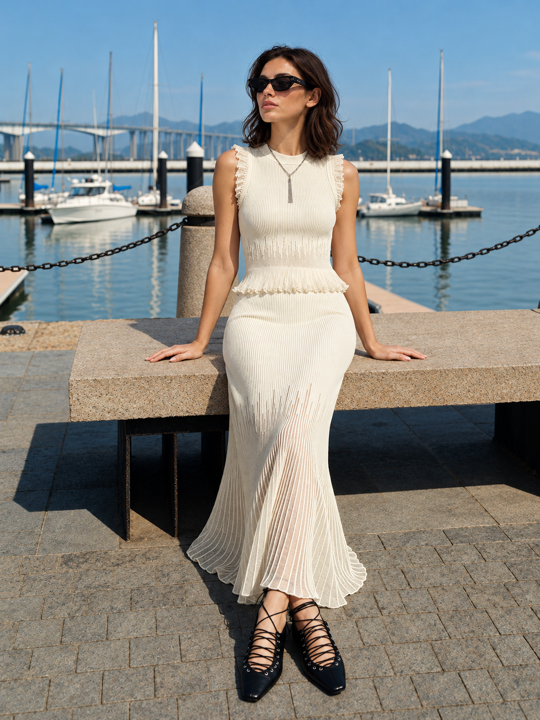 Rippstricktop mit Rüschen – Beige, Ansicht 2