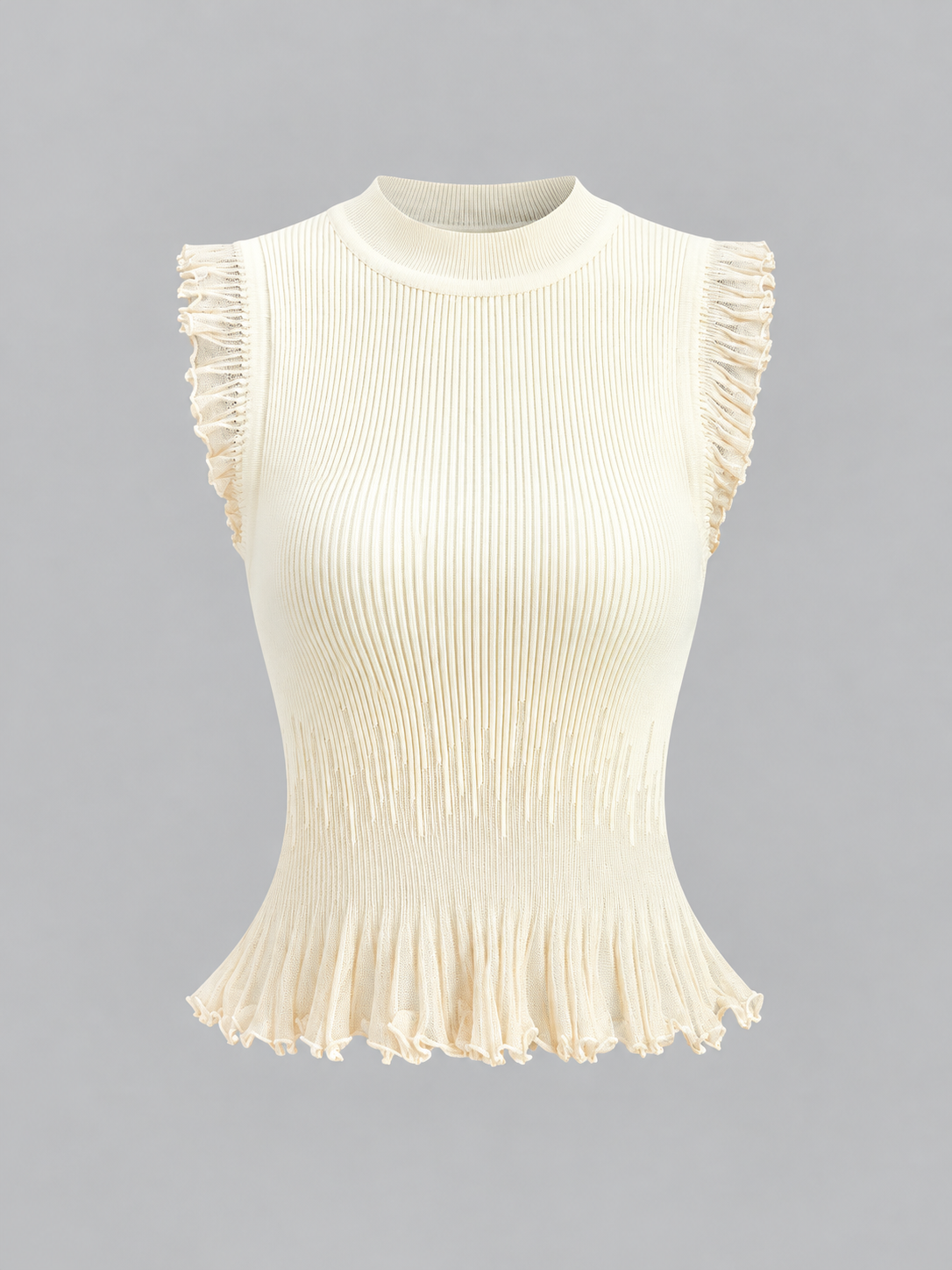 Rippstricktop mit Rüschen – Beige, Ansicht 7