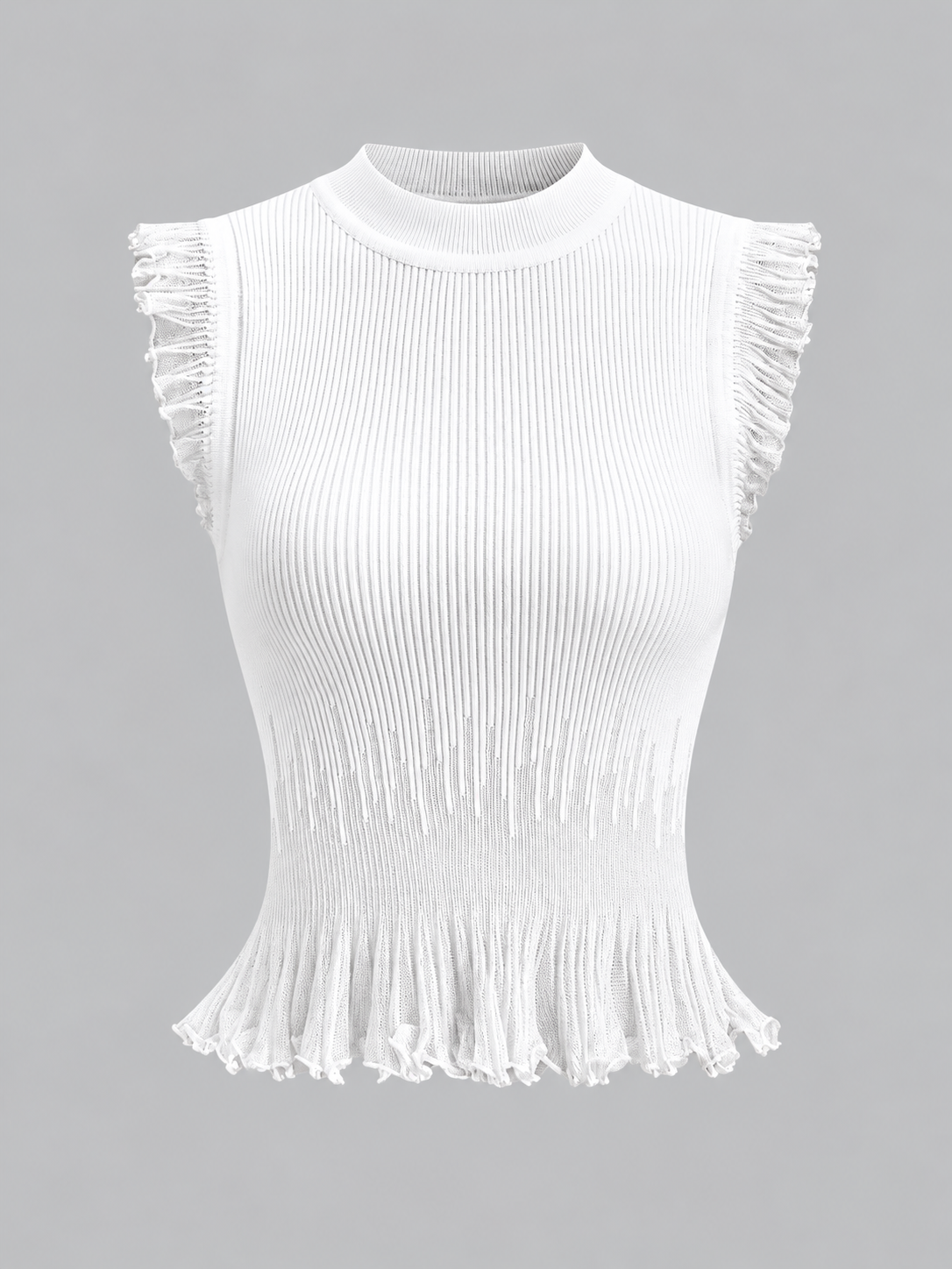 Rippstricktop mit Rüschen – Weiß, Ansicht 12