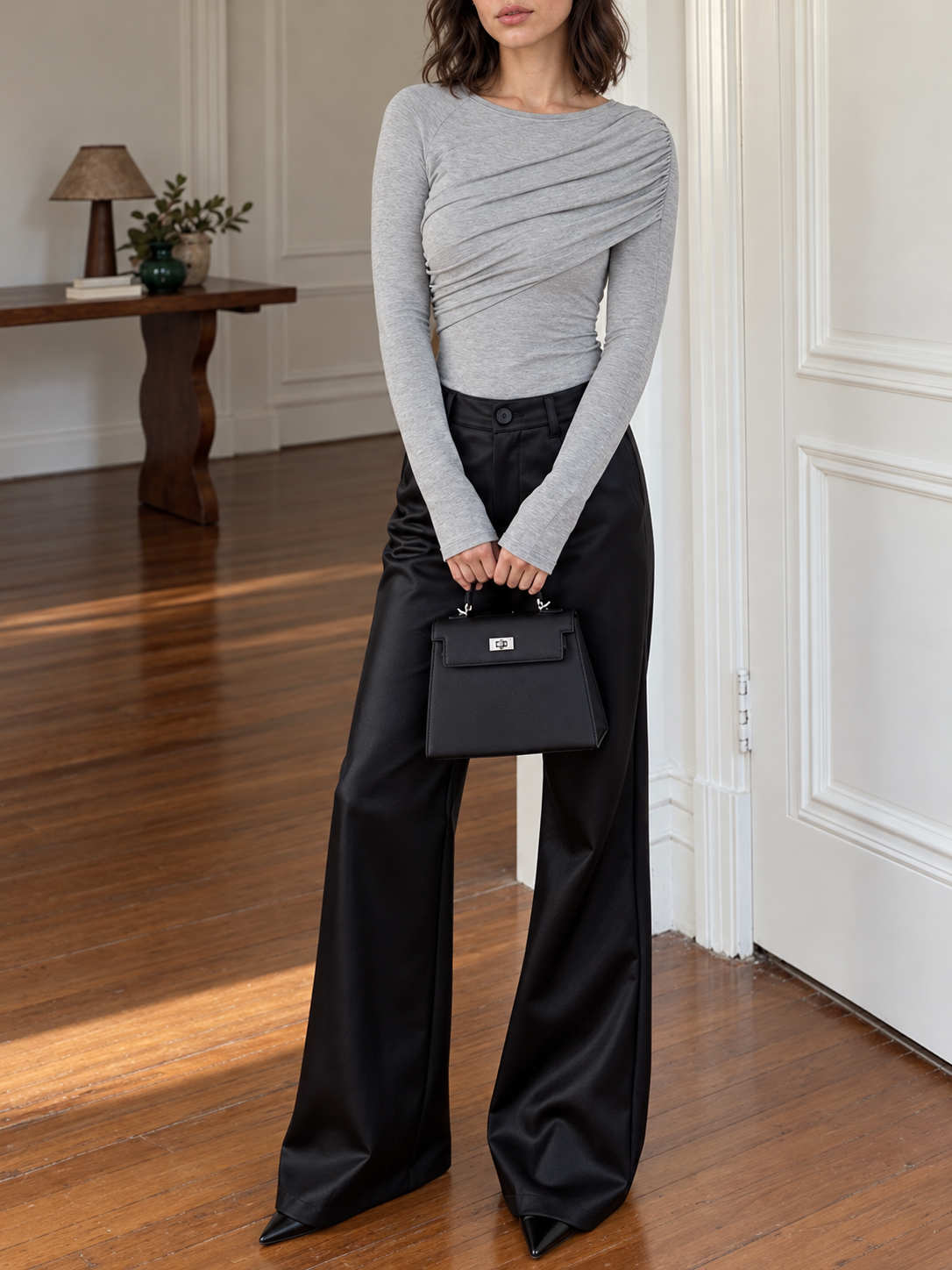 Langarmshirt mit Falten im Lagenlook – Grau, Ansicht 3