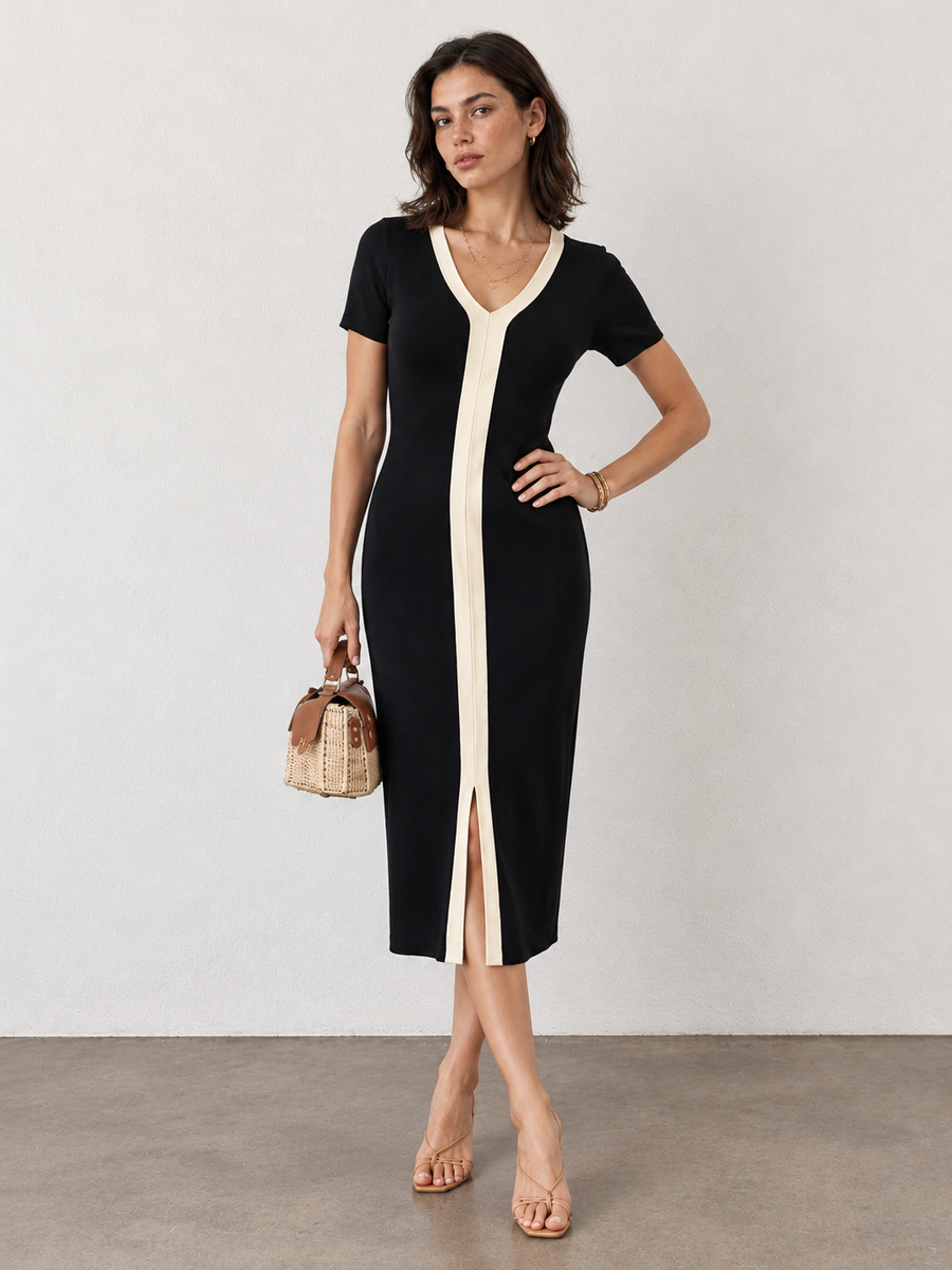 Zweifarbiges Strick-Midikleid mit V-Ausschnitt und Schlitz – Schwarz
