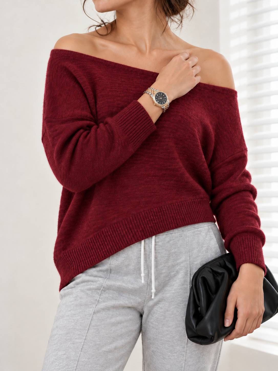 Asymmetrischer One-Shoulder-Pullover – Bordeaux, Ansicht 7