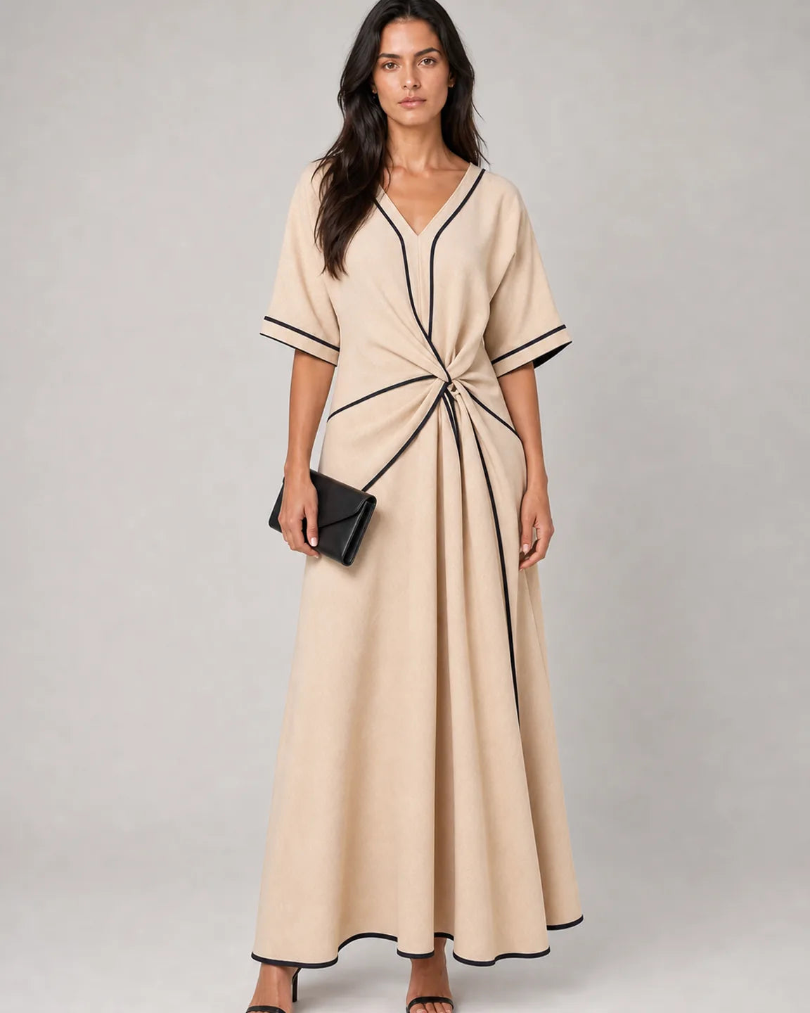 Lenora™ Elegant Maxi Dress in Beige - full body studio front view