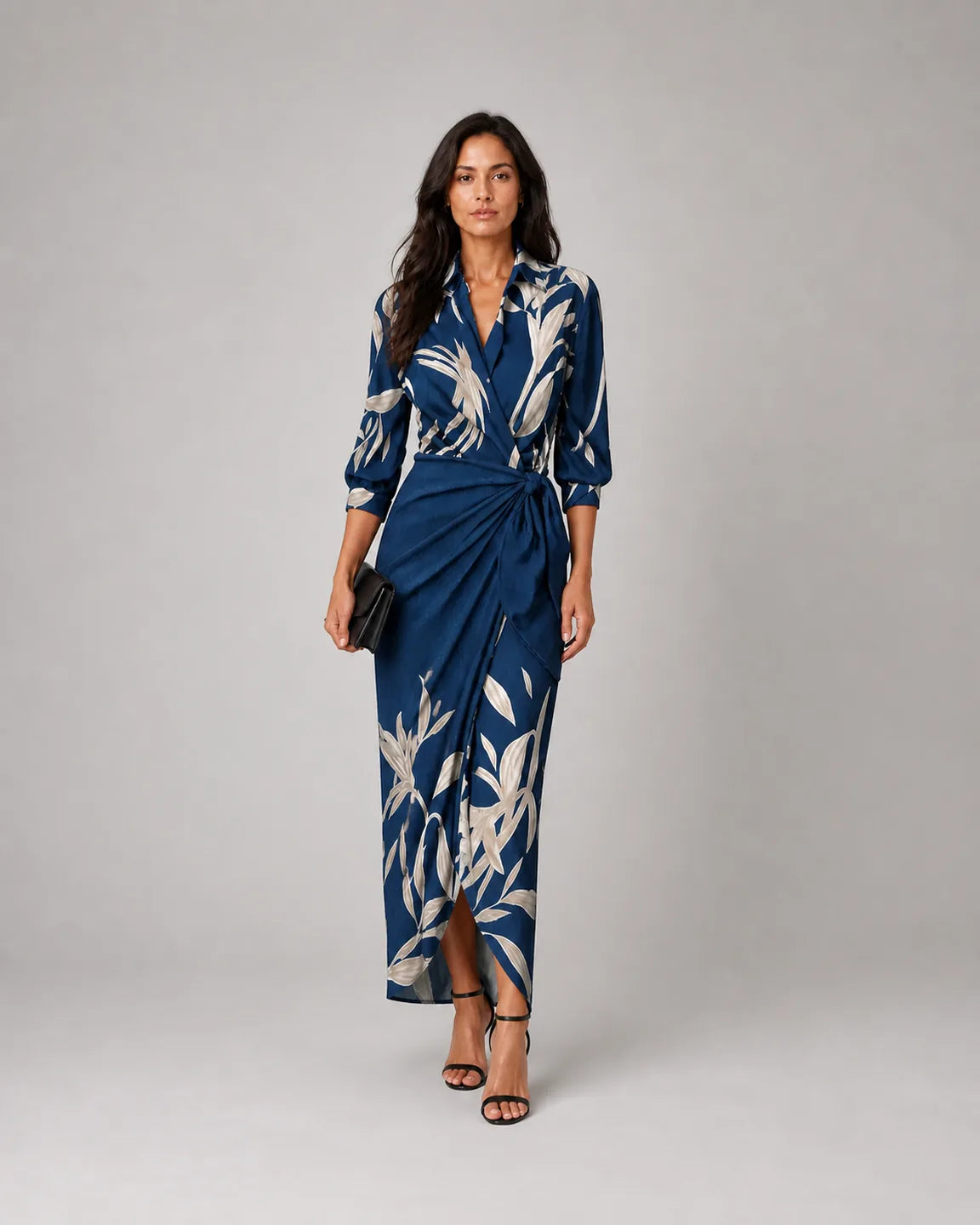 Rosamund™ Timeless Midi Dress in Dark Blue - full body studio front view
