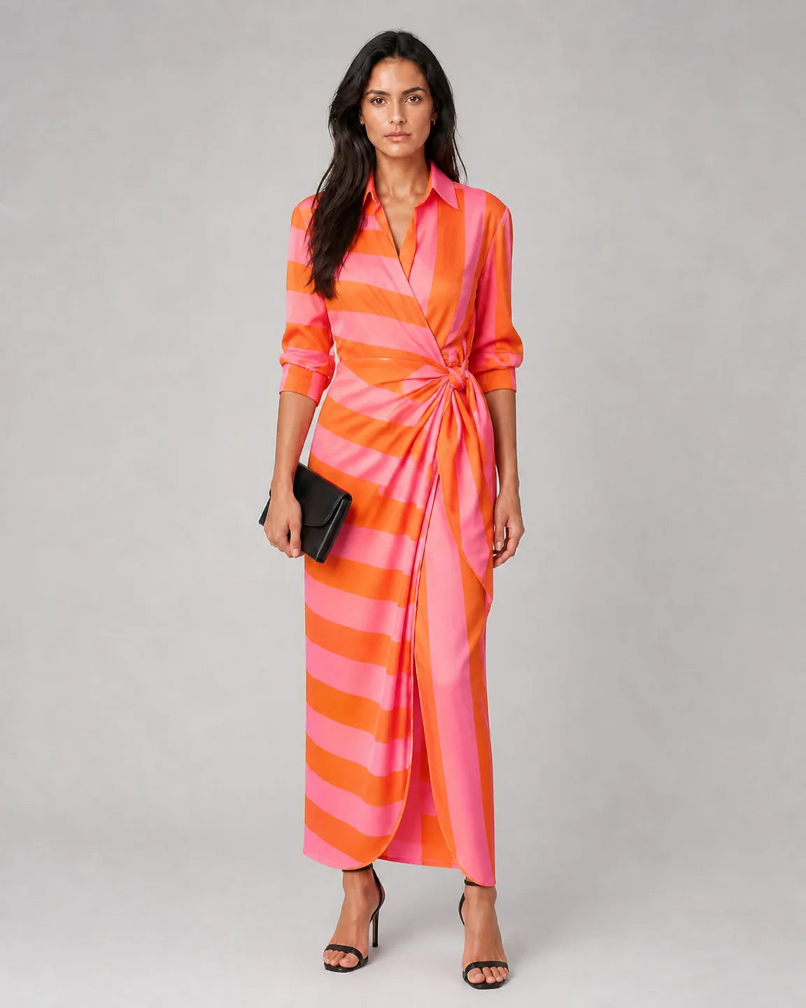 Rosamund™ Timeless Midi Dress in Orange & Pink - full body studio front view