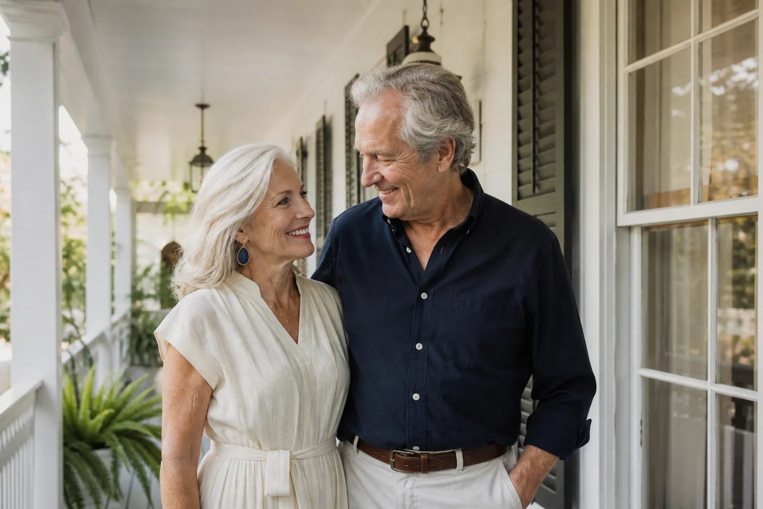 Elegant older couple sharing a warm moment on a Charleston veranda