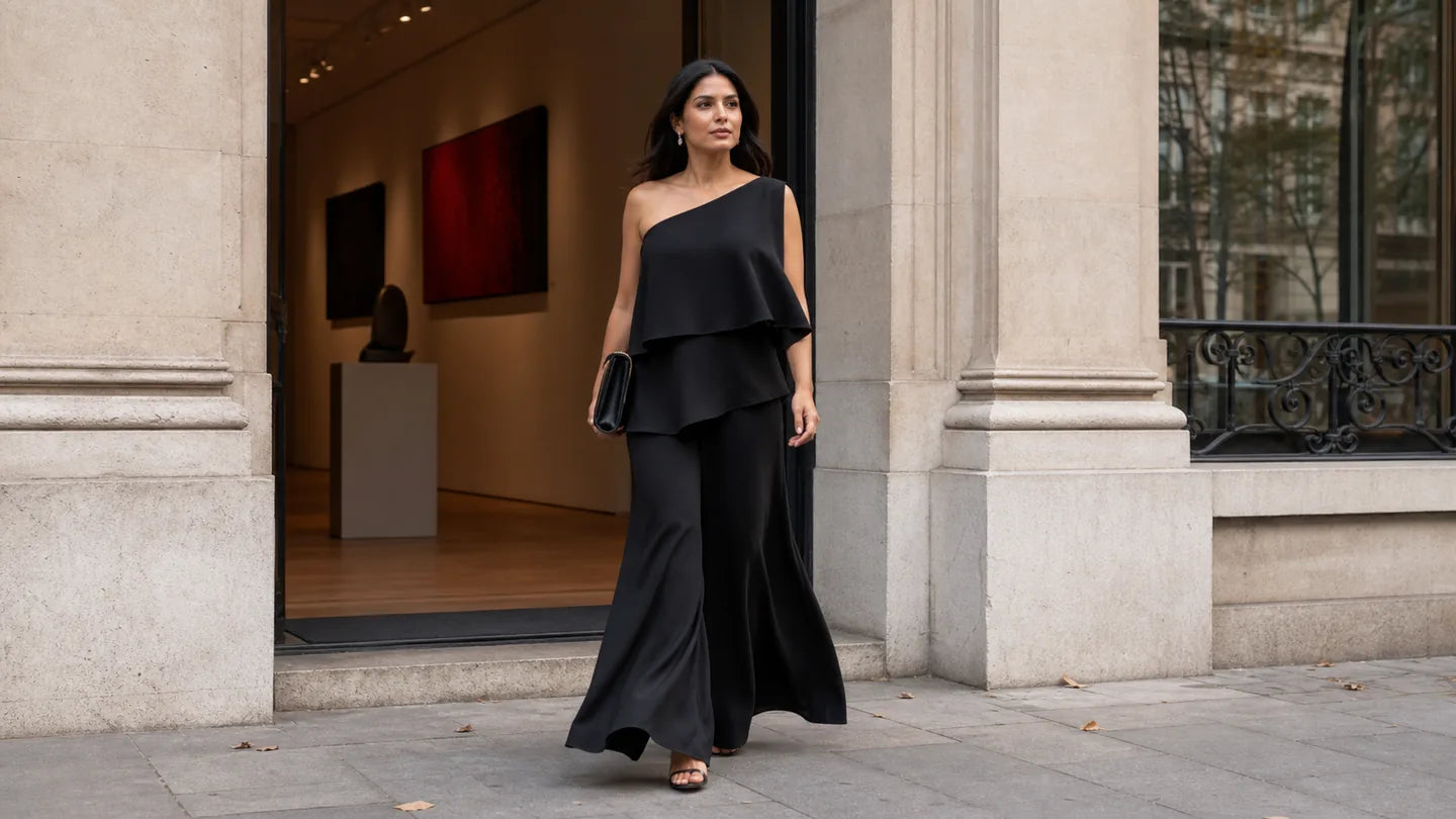 Woman wearing a black layered set outside a contemporary gallery