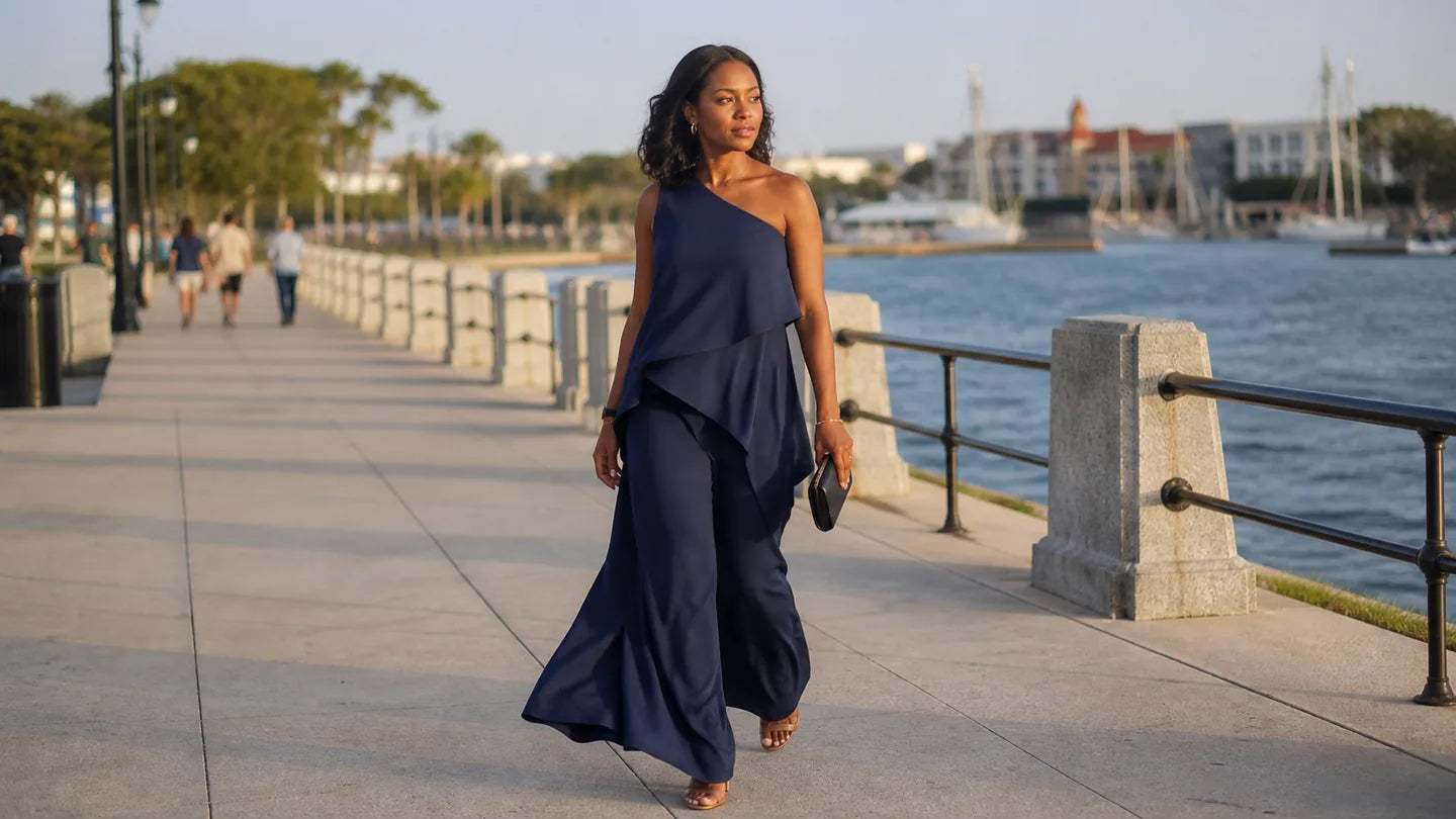 Woman wearing a navy layered set along a waterfront promenade