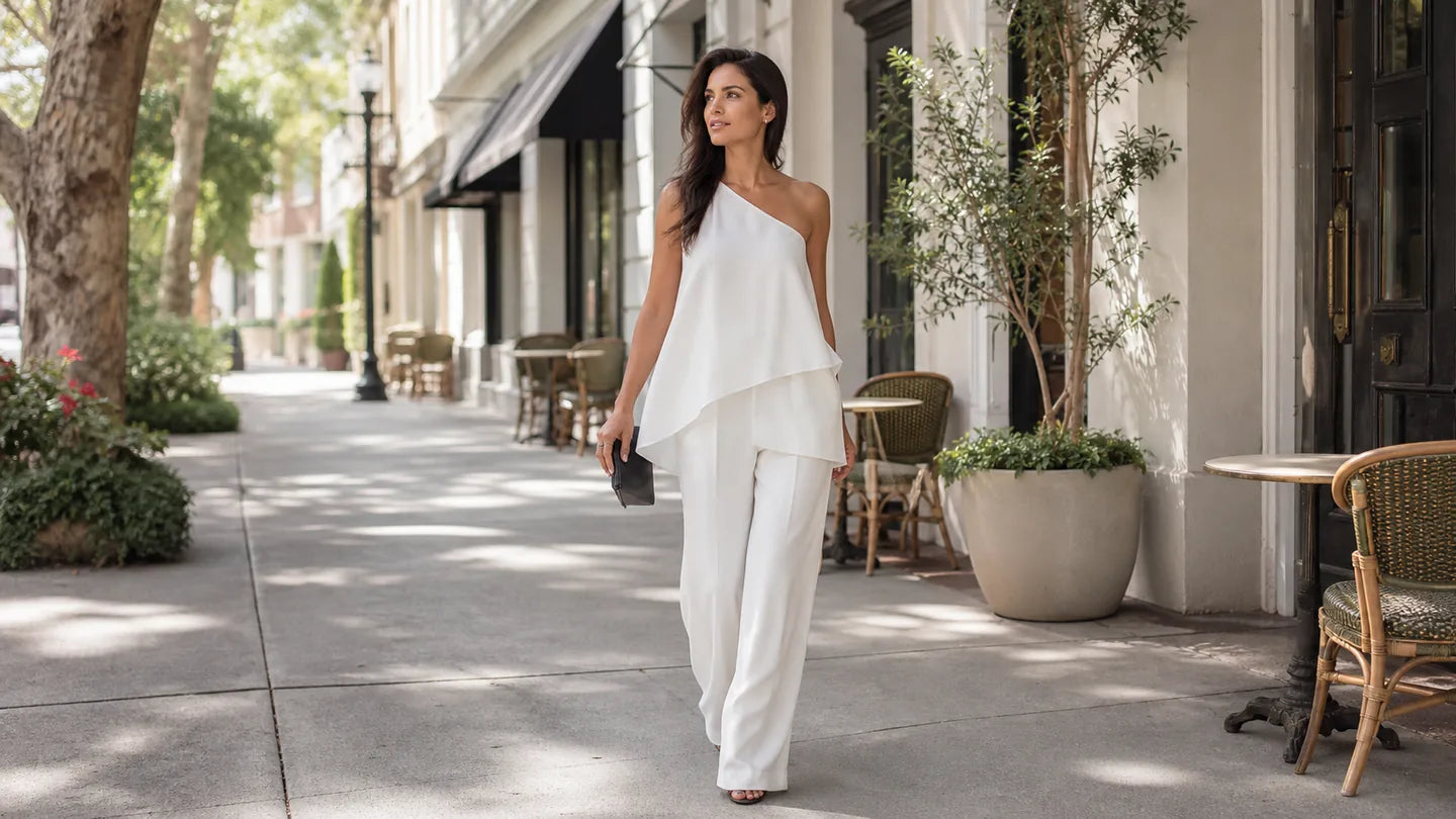 Woman wearing a flowing white layered set on a Charleston cafe street