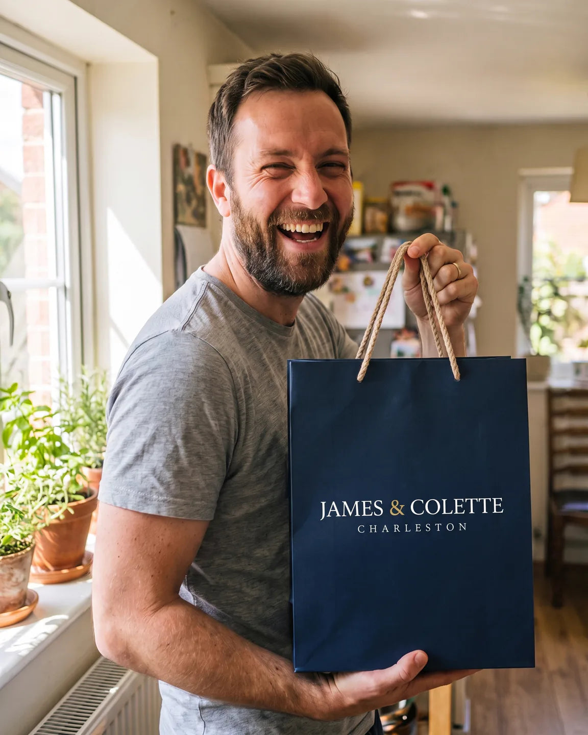 Daniel with a James & Colette shopping bag