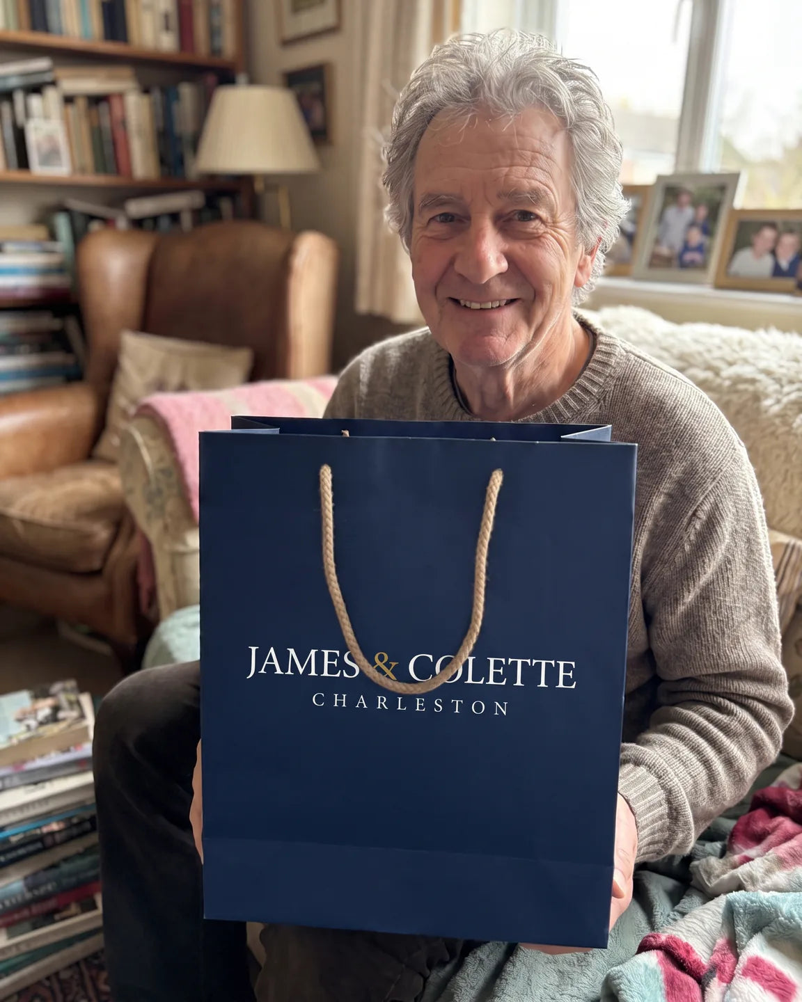 Evelyn with a James & Colette shopping bag