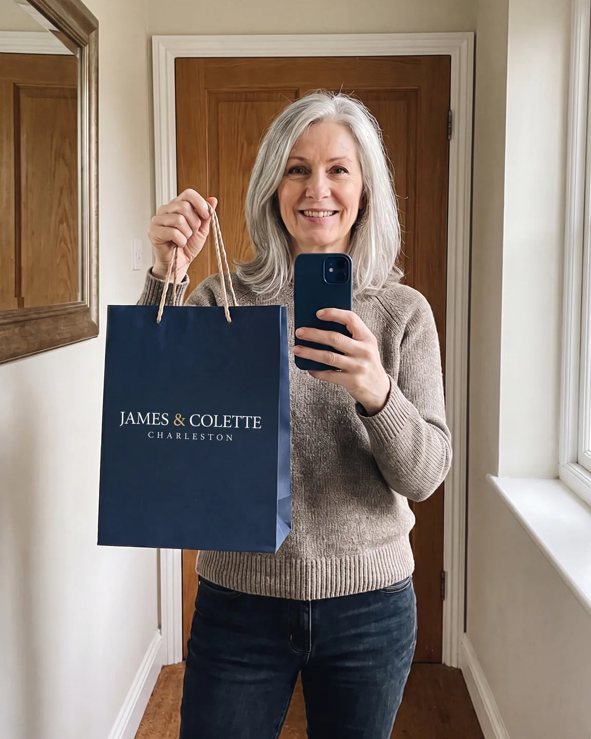 Patricia with a James & Colette shopping bag