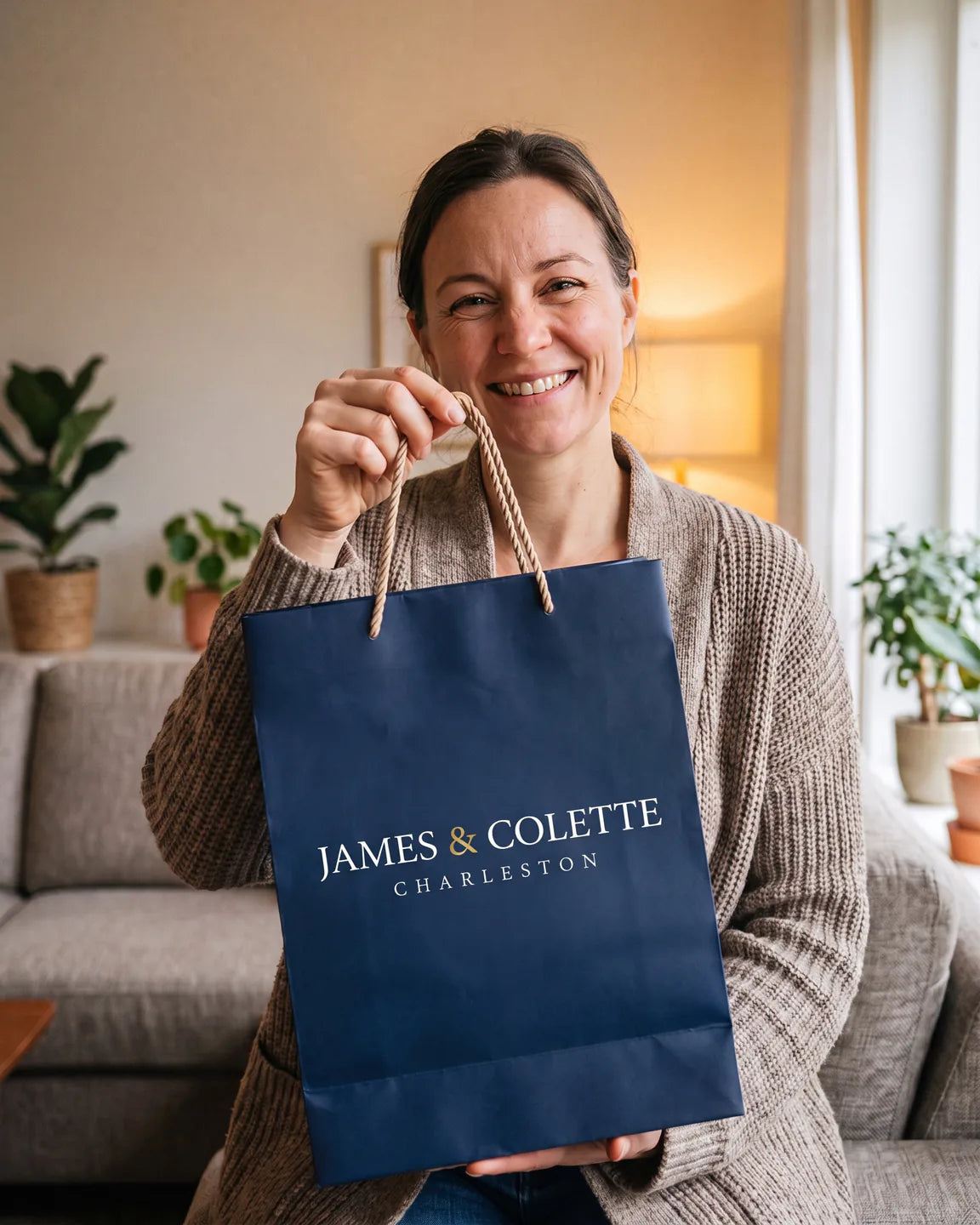 Rebecca with a James & Colette shopping bag